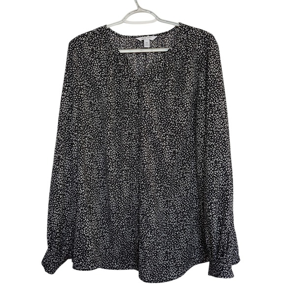 Nine West Tops - Nine West Womens XXL Black White Animal Print Split V-Neck Long‎ Sleeve Blouse